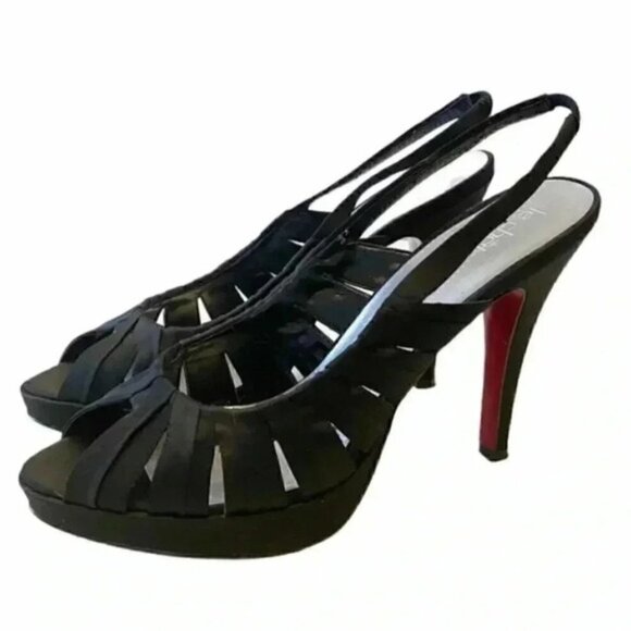 Le Chateau High Heel Slingback Sandals Black Satin Cut Out Peep Toe Size 7 - Picture 2 of 13